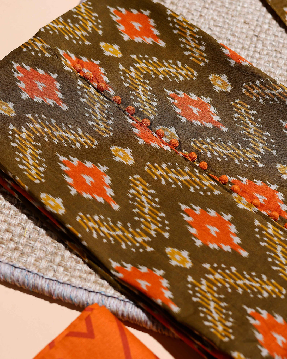 Women's Traditional Ikat Printed Cotton Salwar Material with Contrasting Bottom and Elegant Dupatta - Green