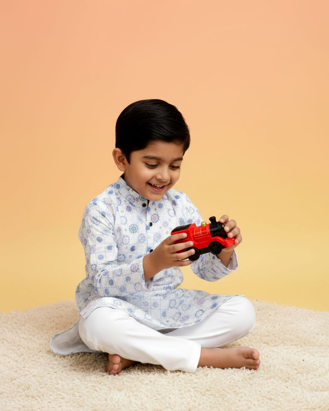 Boys White Kurta Set with Blue & Lavender Circular Floral Print  with Geometric Touch