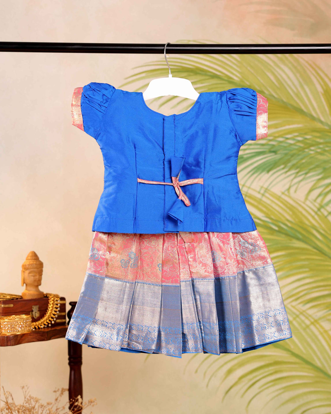 Kids Pattu Pavadai Readymade a Traditional Ethnic Gown with Zari Border & Puff Sleeves  - Blue