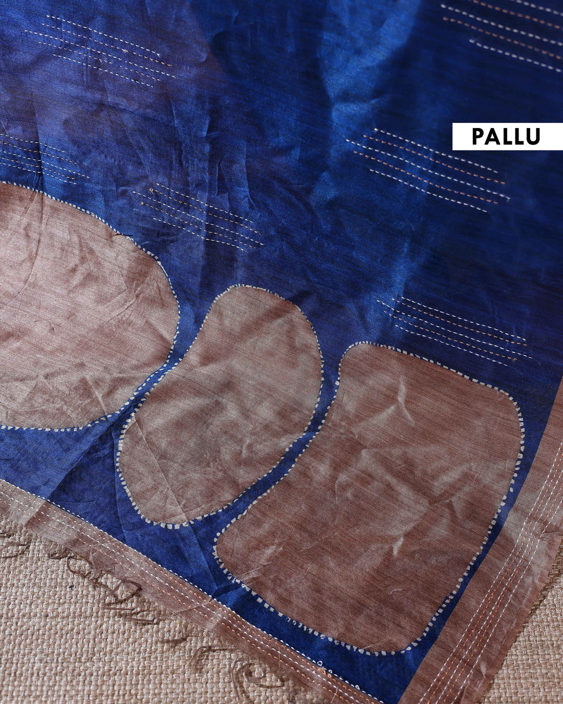 Handcrafted Kantha Cotton Saree with Contrast Patch Design and Intricate Stitch Embroidery - Blue