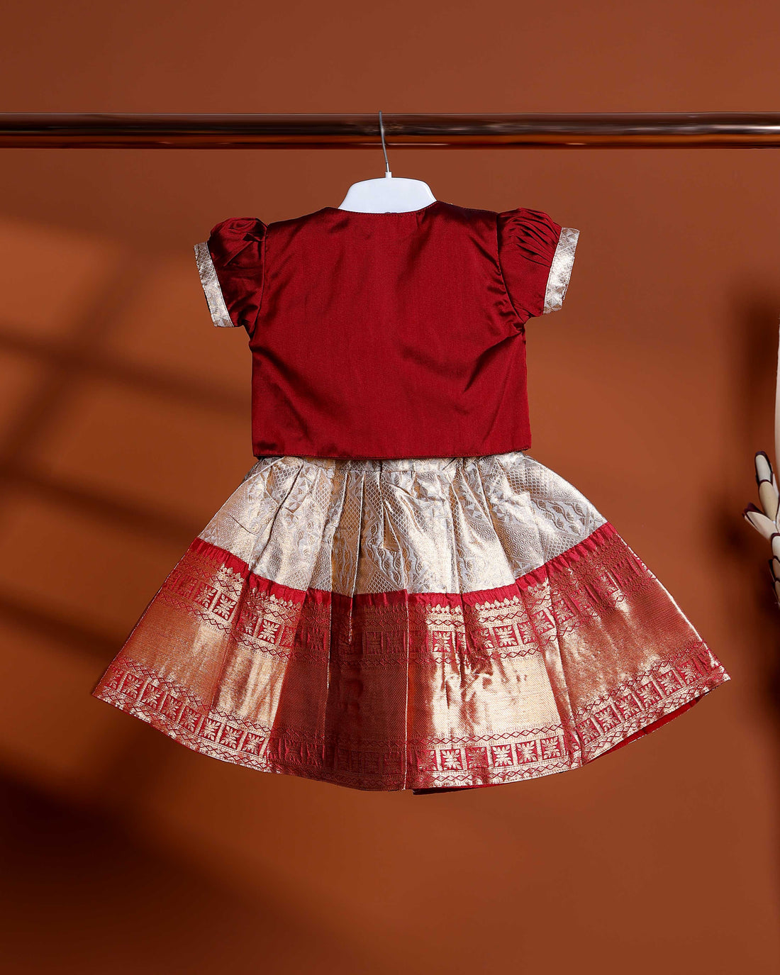 Traditional Kids Readymade Pattu Pavadai with Embellished Jacket - Maroon