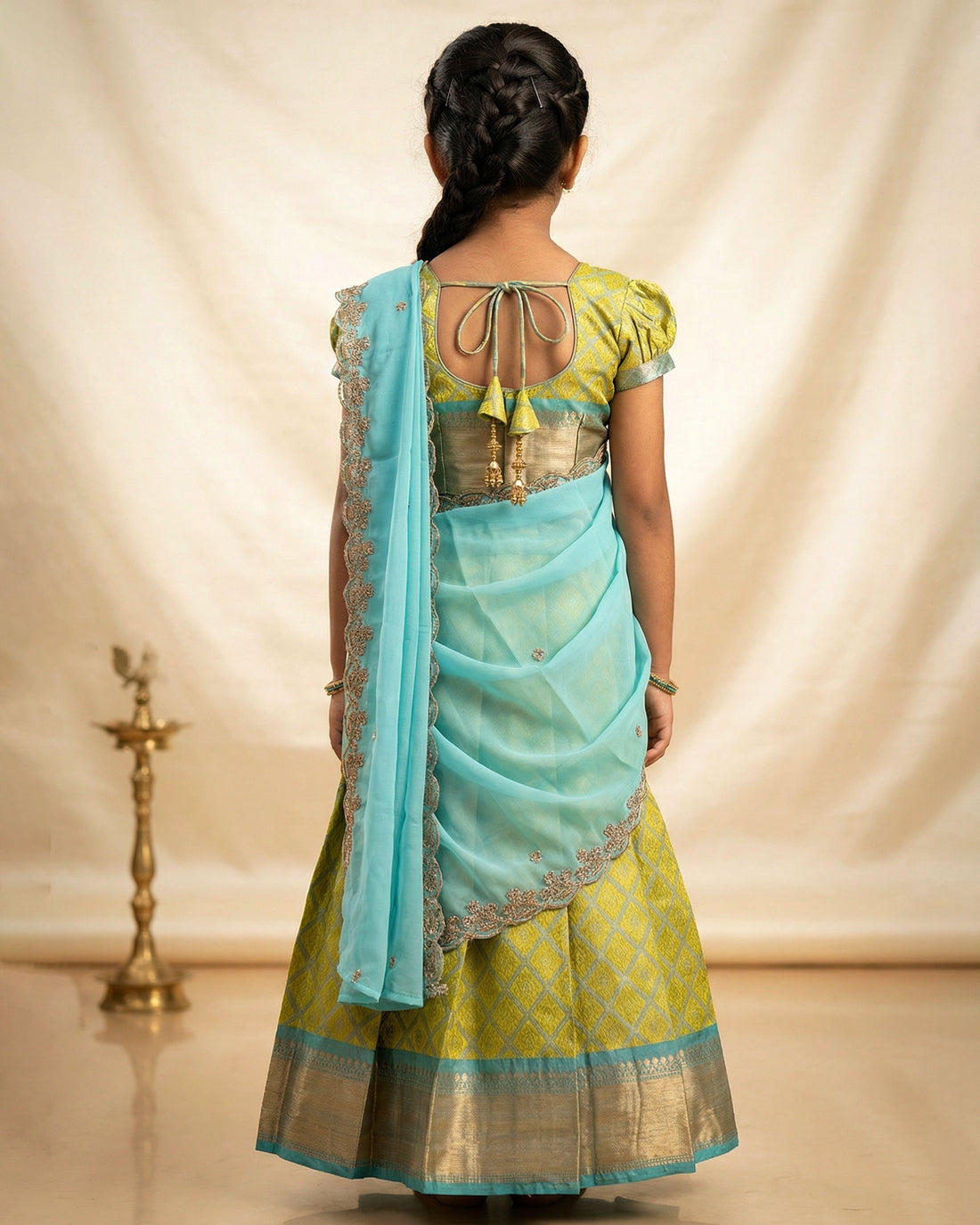 Traditional Girls Pavadai Dhavani Set with Zari Woven Diamond Pattern Skirt Elegant Short Sleeve Blouse and Decorative Lace Border -  Lime Green and Aqua Blue