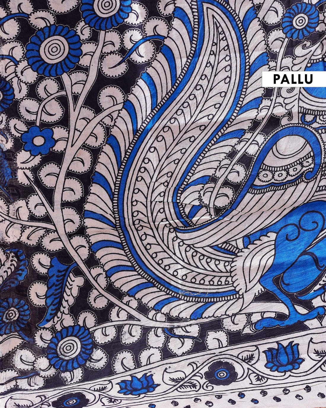 Traditional Handloom Kalamkari Cotton Saree with Intricate Floral and Avian Motifs - Blue