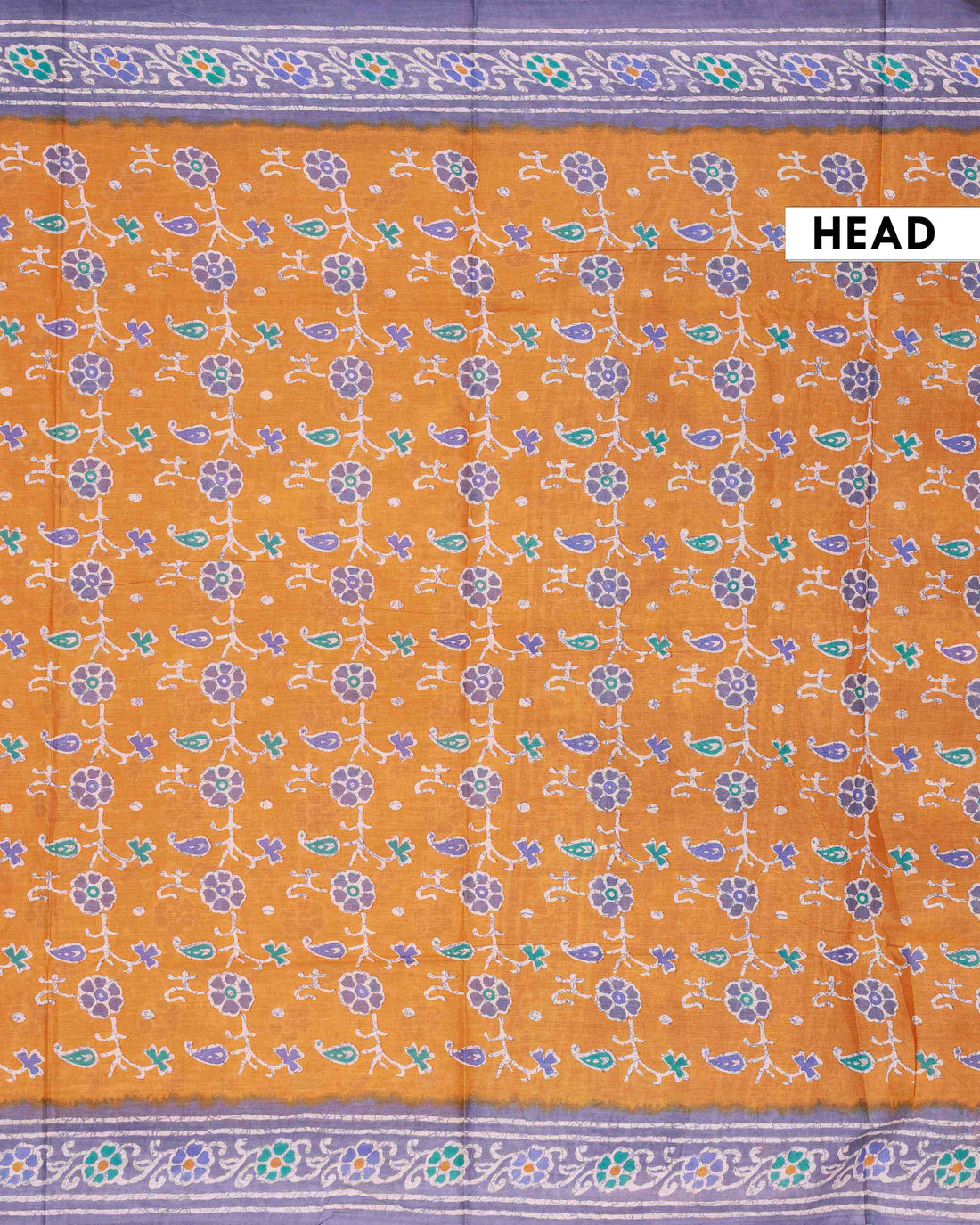 Floral Hand-Block Printed Voile Saree with Intricate Contrast Border and Paisley Accents – Orange