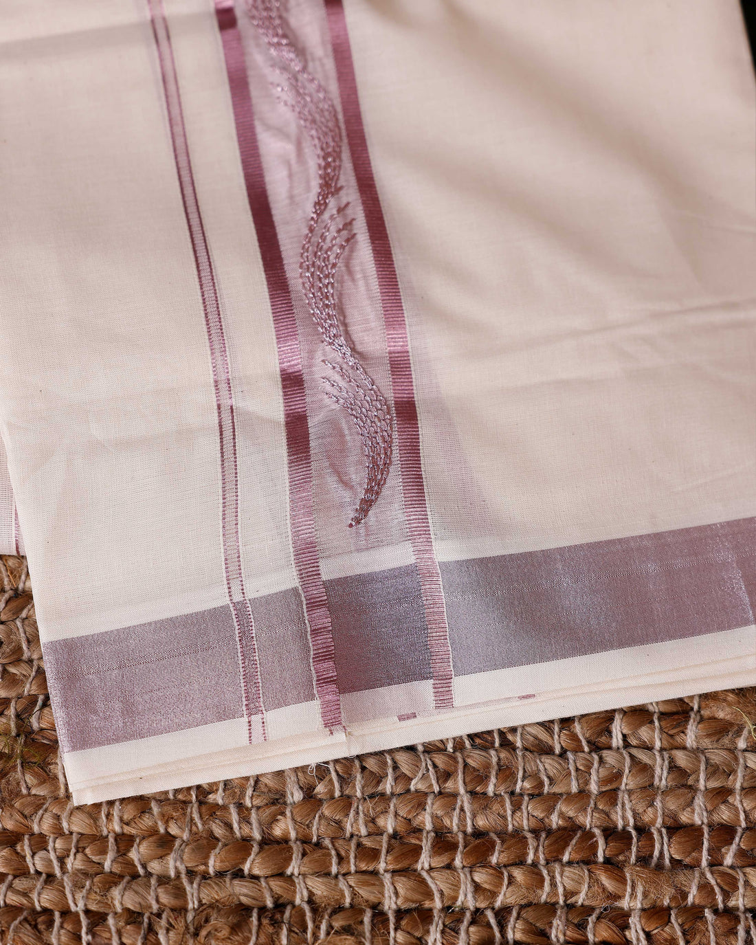Traditional Handwoven Cotton Dhoti with Rose PinkBorder and Elegant Finish - Off White