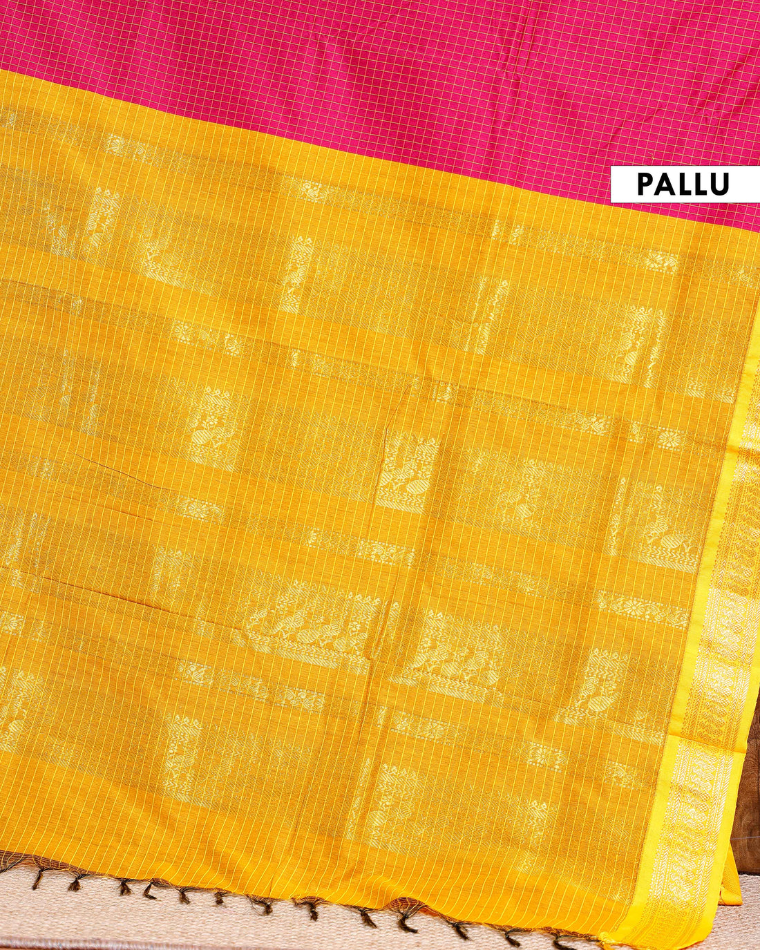 Traditional Kalyani Cotton Saree with All-Over Checks and Ornate Zari Pallu and Border - Dark Pink