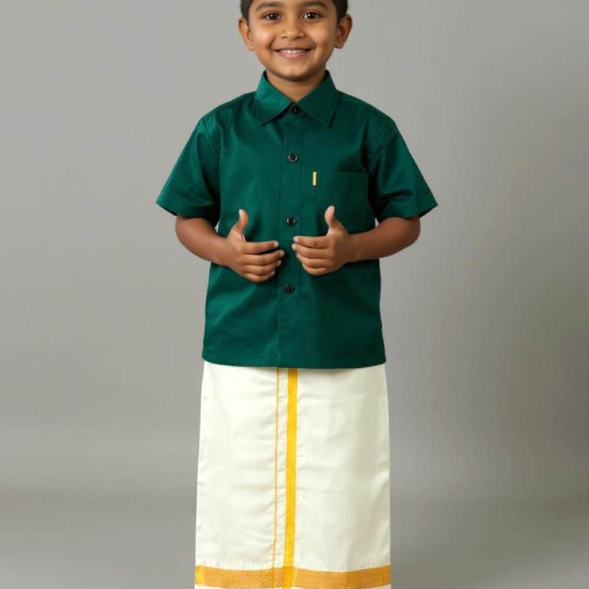 Traditional Kids Shirt and Dhoti Set - Bottle Green