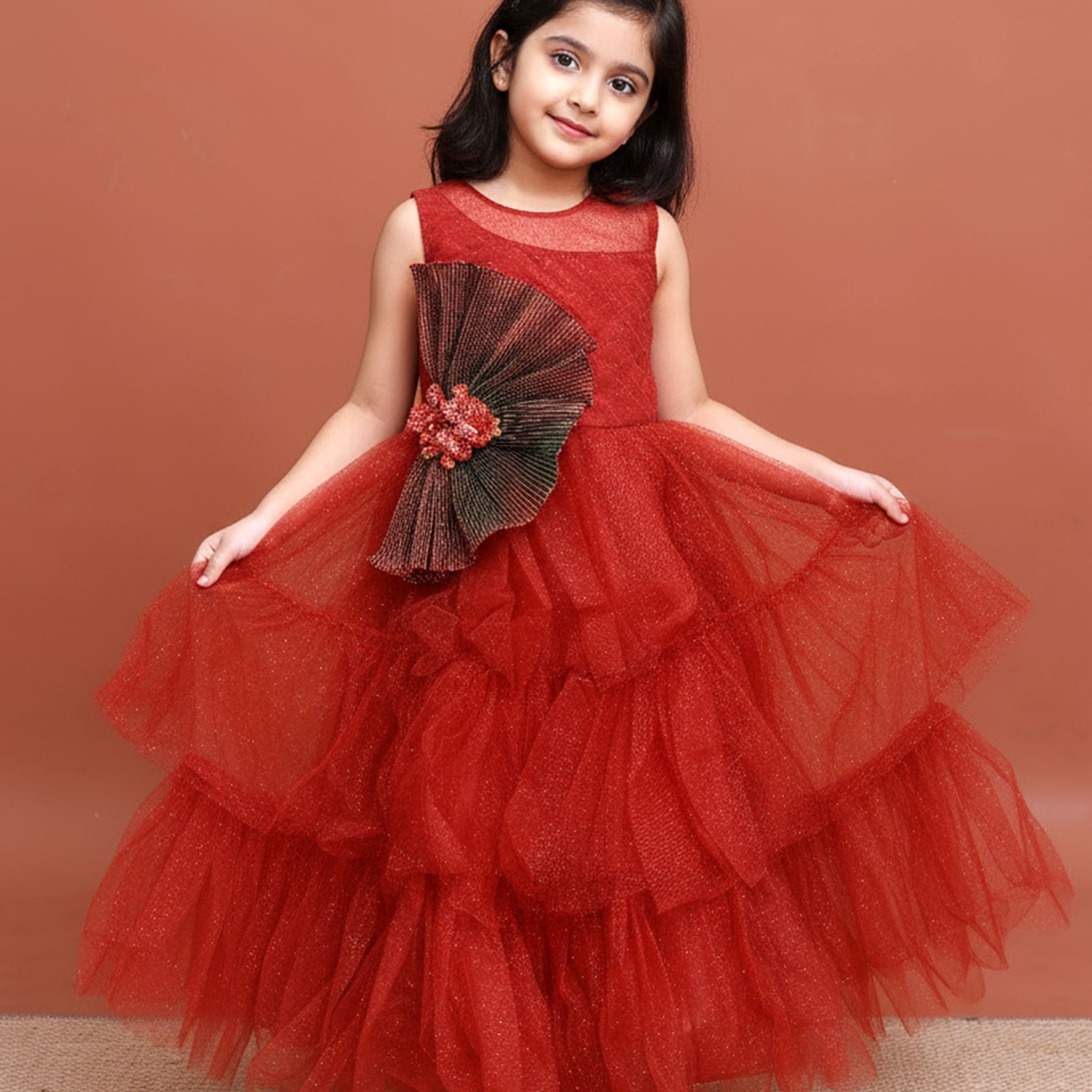 Girls Embellished Tiered Ruffle Gown Frock for Party Wear - Brown