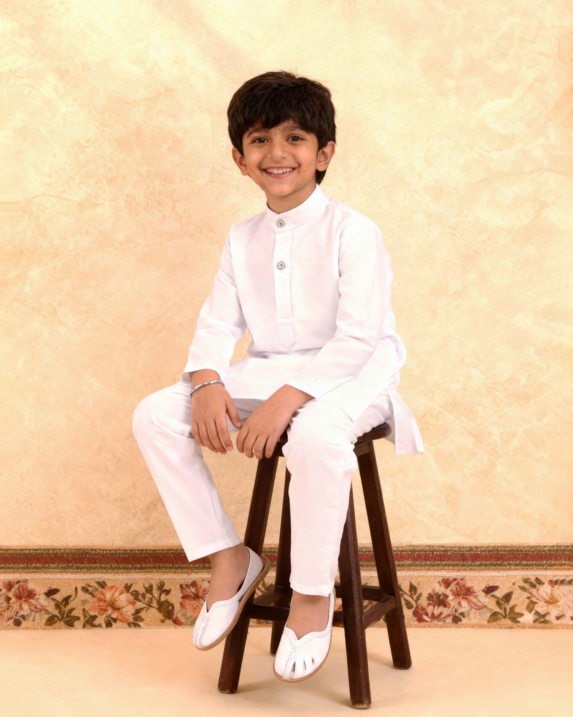 Boys Festive Kurta Set with Mandarin Collar, White