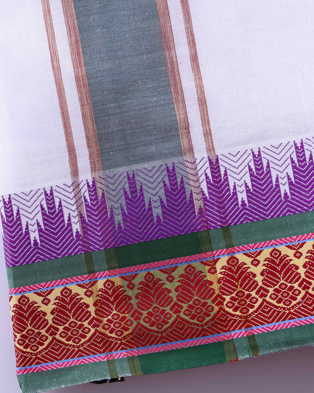 Men’s Traditional Handloom 9+5 Meter Cotton Dhoti with Multi Border - Off White