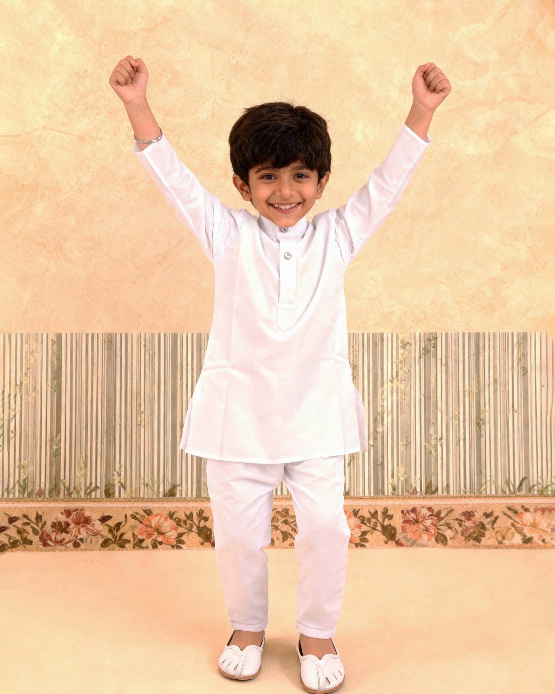 Boys Festive Kurta Set with Mandarin Collar, White