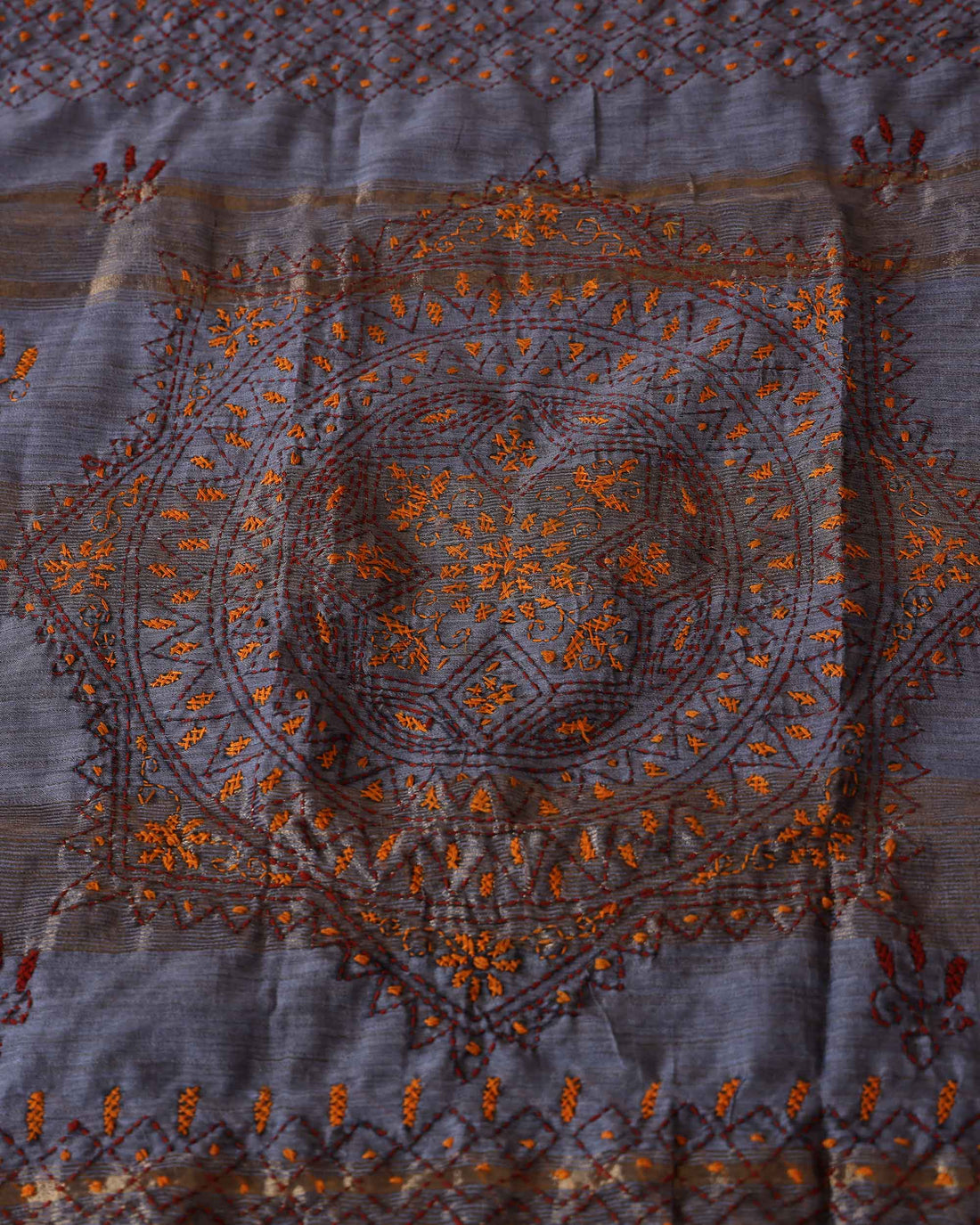 Elegant Kantha Hand Embroidered Saree with Intricate Geometric Motif and Contrast Border - Grey