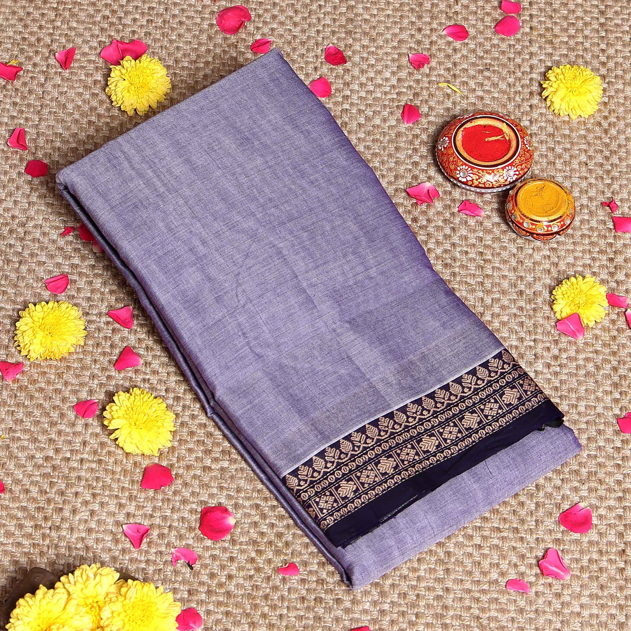 Traditional Narayanpet Cotton Saree with Traditional Zari Border & Temple Motif Detailing - Light Purple