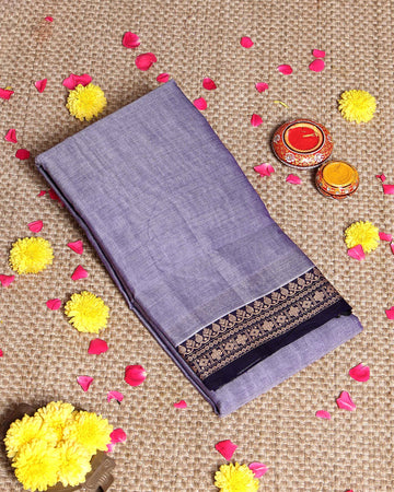 Traditional Narayanpet Cotton Saree with Traditional Zari Border & Temple Motif Detailing - Light Purple