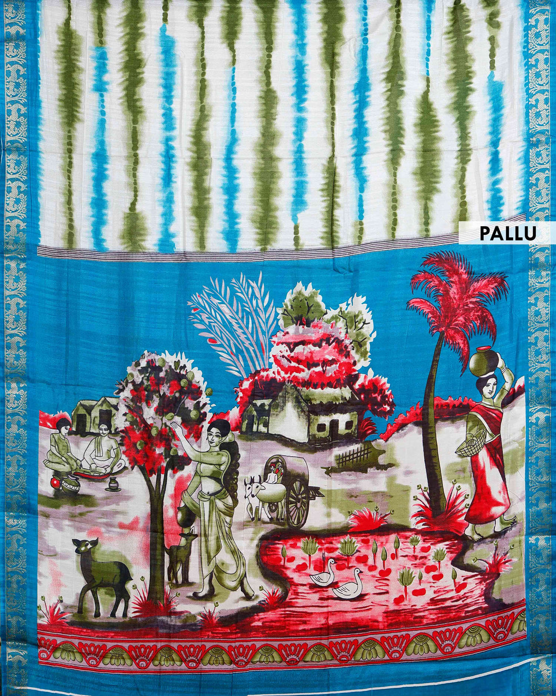 Elegant Blue shades and the rural scenic artwork Dola Saree