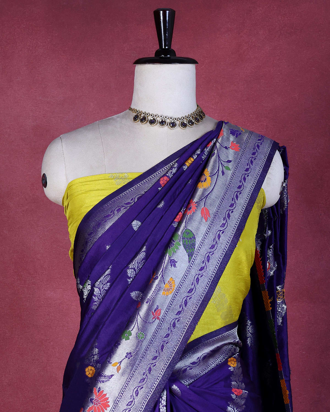 Elegant Banarasi Semi Silk Saree with Butta Motifs Floral Zari Woven Border and Traditional Contrast Pallu Design - Purple