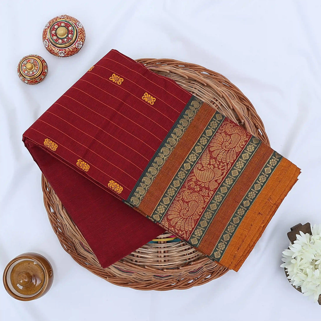 Maroon Chettinad Cotton Sarees for Women | Office Wear Daily Wear & Special Occasion | Jeyachandran - Full View