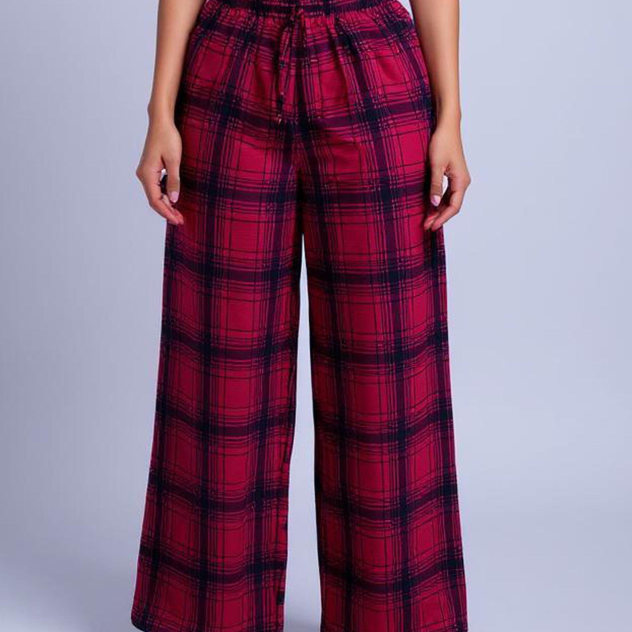 Checked Drawstring Wide-Leg Palazzo Pant - Red