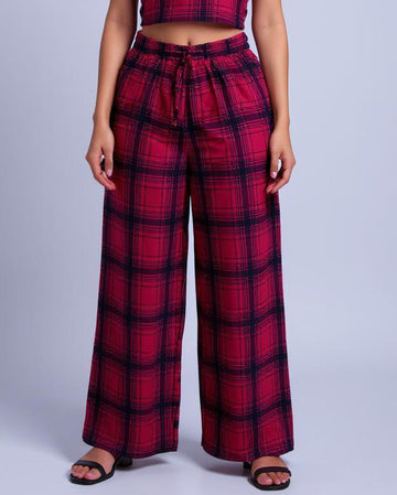 Checked Drawstring Wide-Leg Palazzo Pant - Red