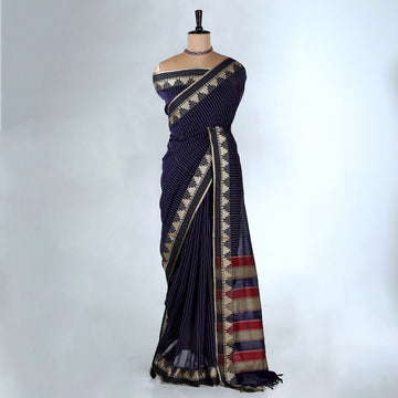 Navy Blue Mangalagiri Cotton Saree for Women | Festive Summer Collection | Jeyachandran - Full View