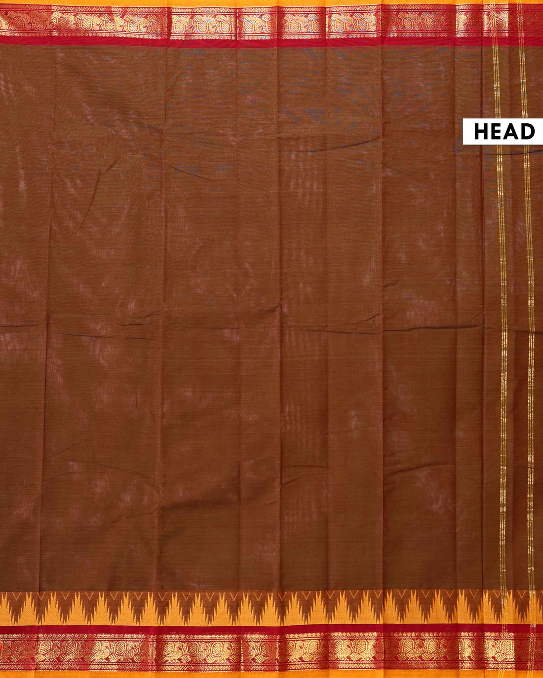 Traditional Handloom Chettinad Cotton Saree with Plain Body and Rich Temple Woven Border - Brown