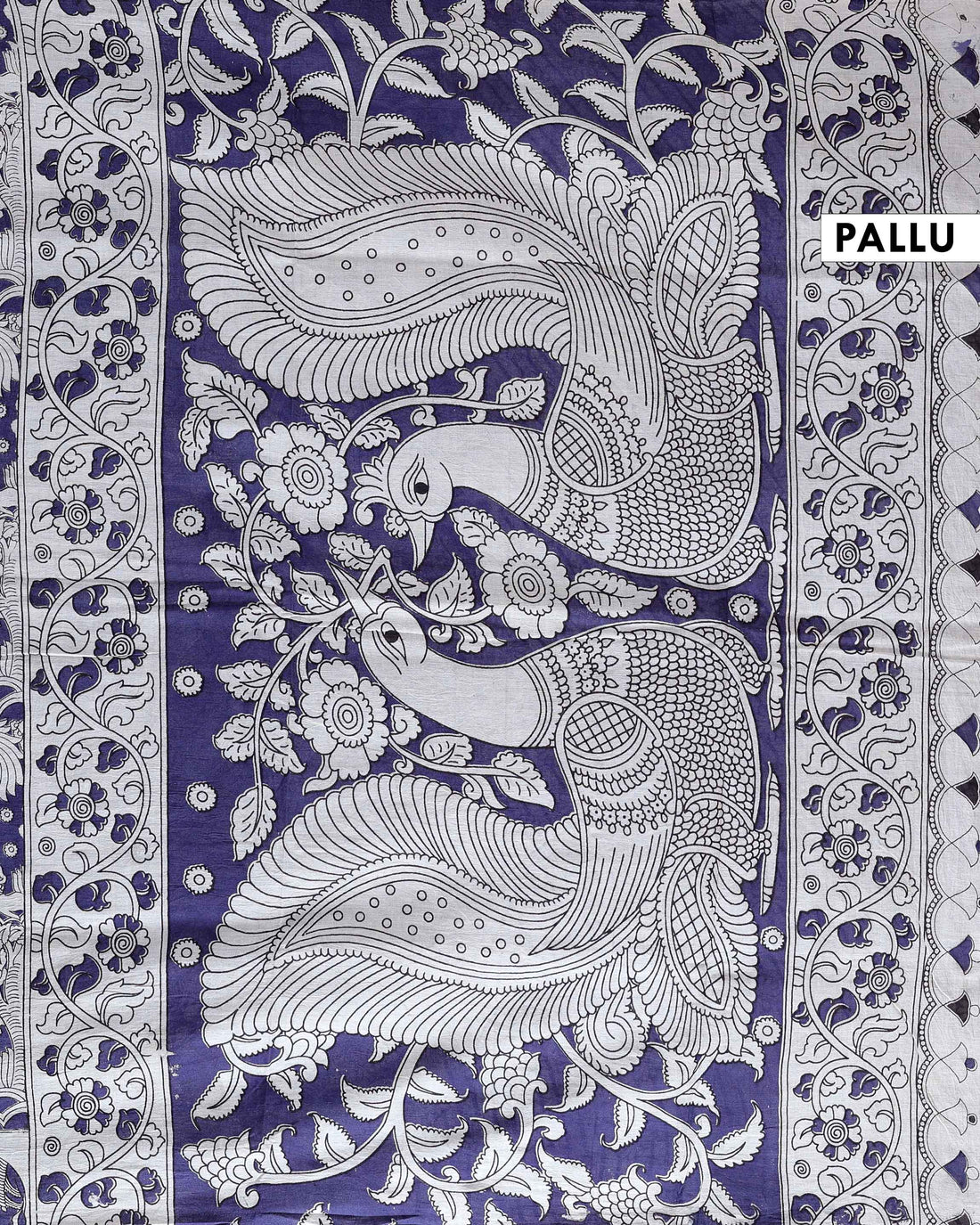 Traditional Hand-Painted Kalamkari Cotton Saree with Traditional Motifs - Blue