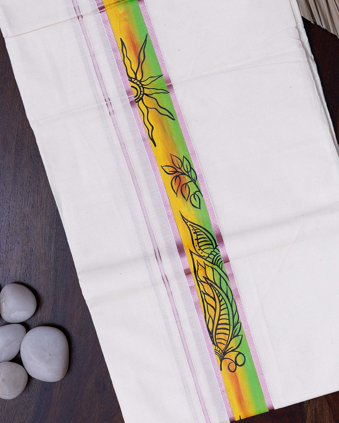 Men's Traditional Handpainted Kathakali Mural Kasavu 4 Meter Cotton Dhoti With Rose Gold Border - White