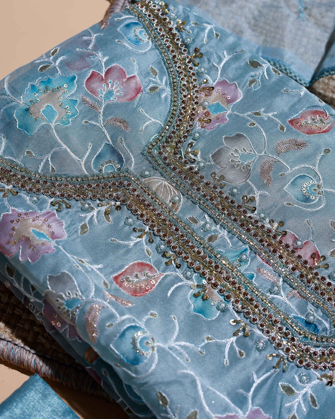 Women's Embellished Floral Printed Unstitched Salwar Suit Material with Dupatta - Blue