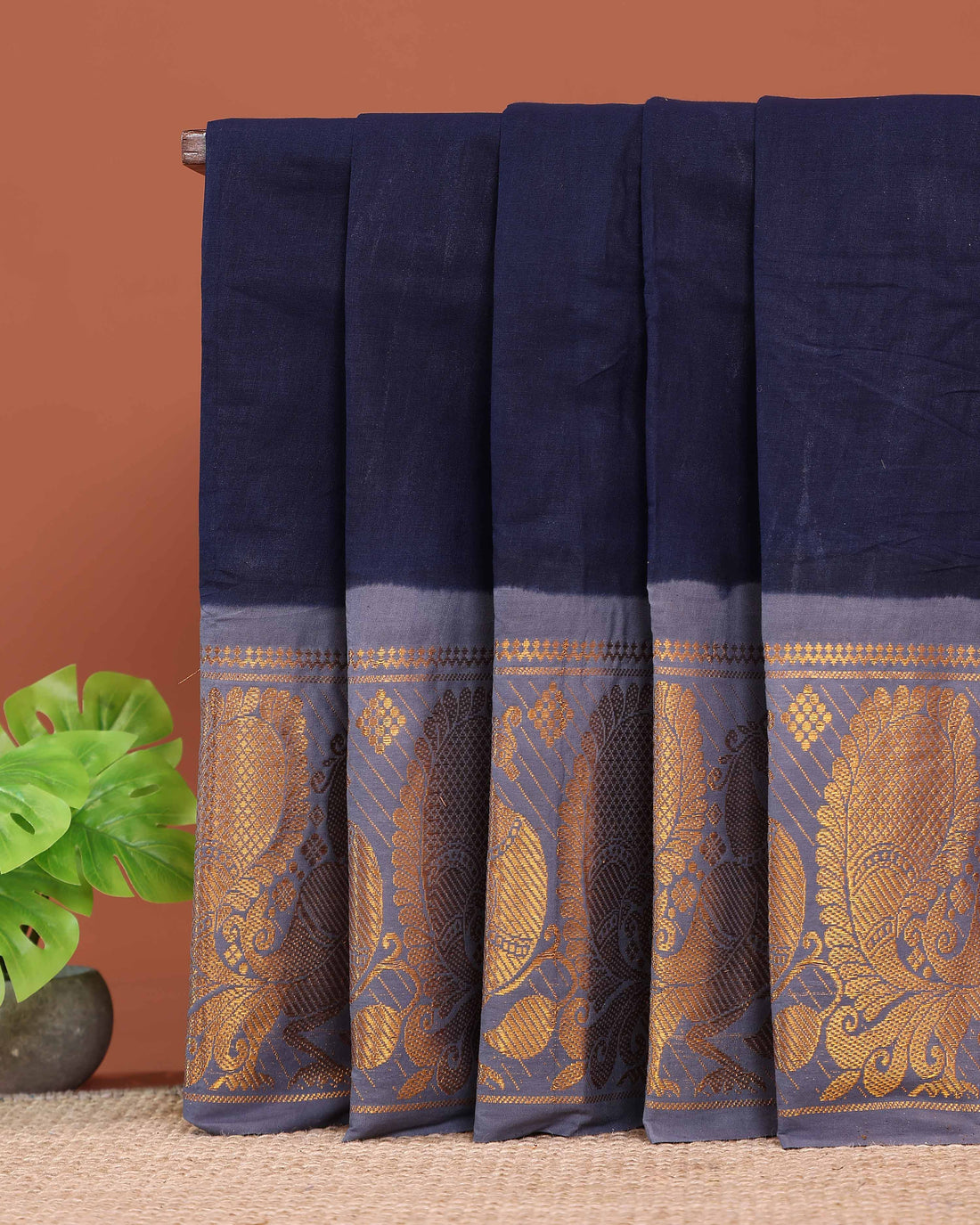 Elegant Sungudi Cotton Saree with Elegant Peacock Zari Border and Plain Body Design - Navy Blue 