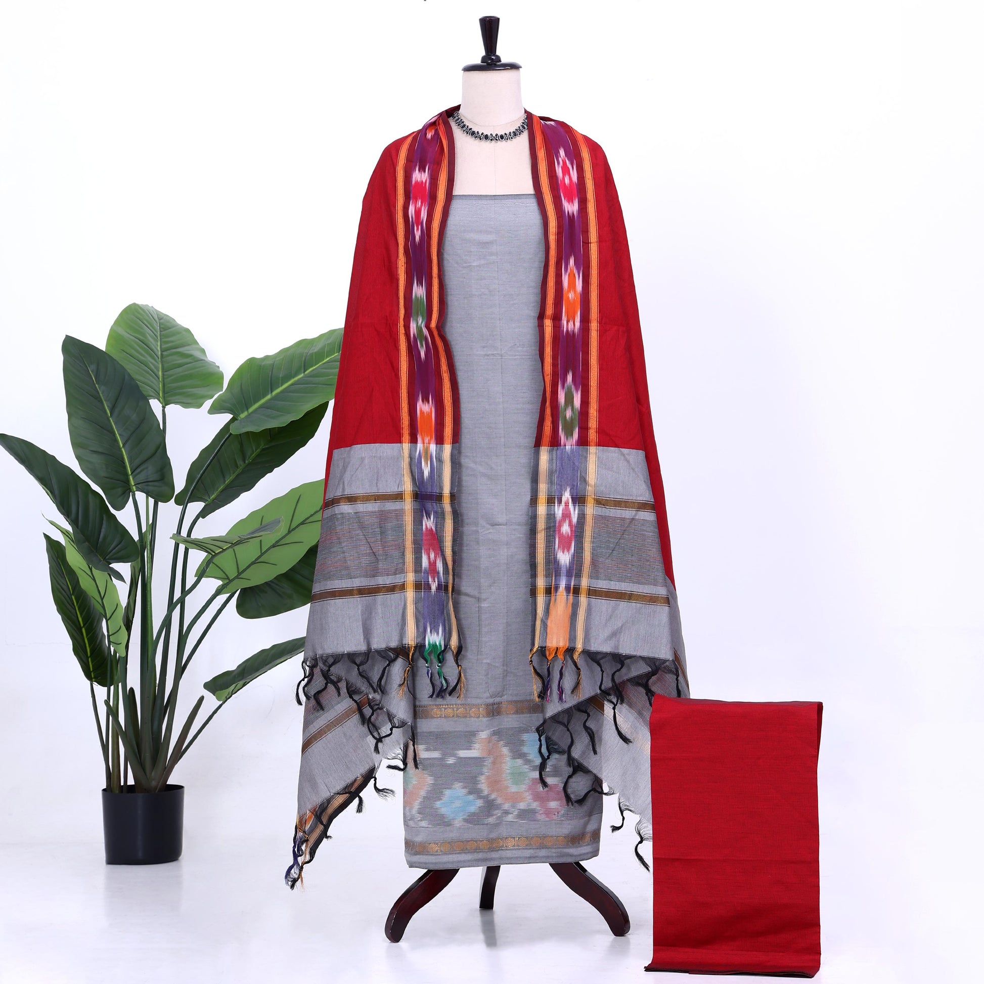 Light Grey Cotton Unstitched Salwar Material for Women | Ethnic Summer Collection | Jeyachandran - Full View