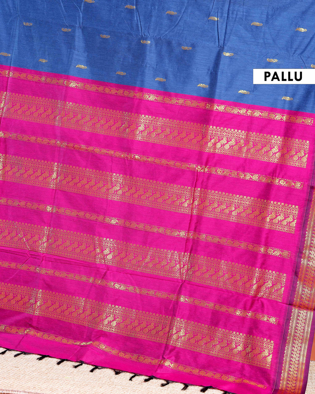 Handloom Kalyani Cotton Saree with Traditional Zari Border and Buttas - Blue
