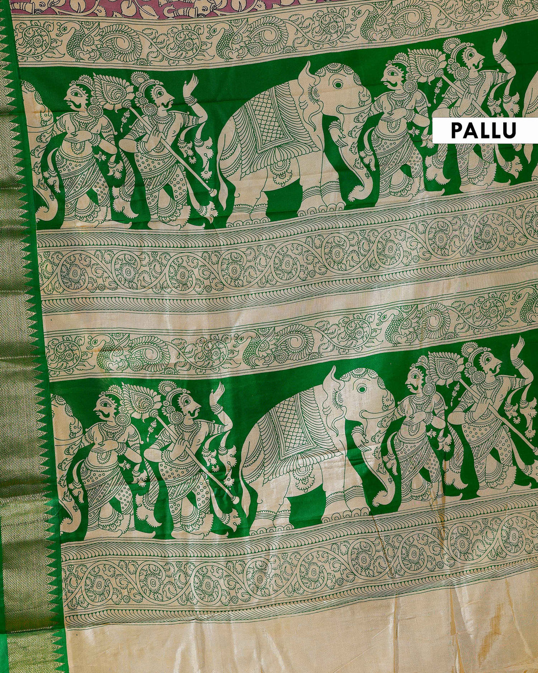 Elegant Mangalagiri Semi Silk Saree with Kalamkari Elephant & Floral Motifs and Zari Border - Onion Pink