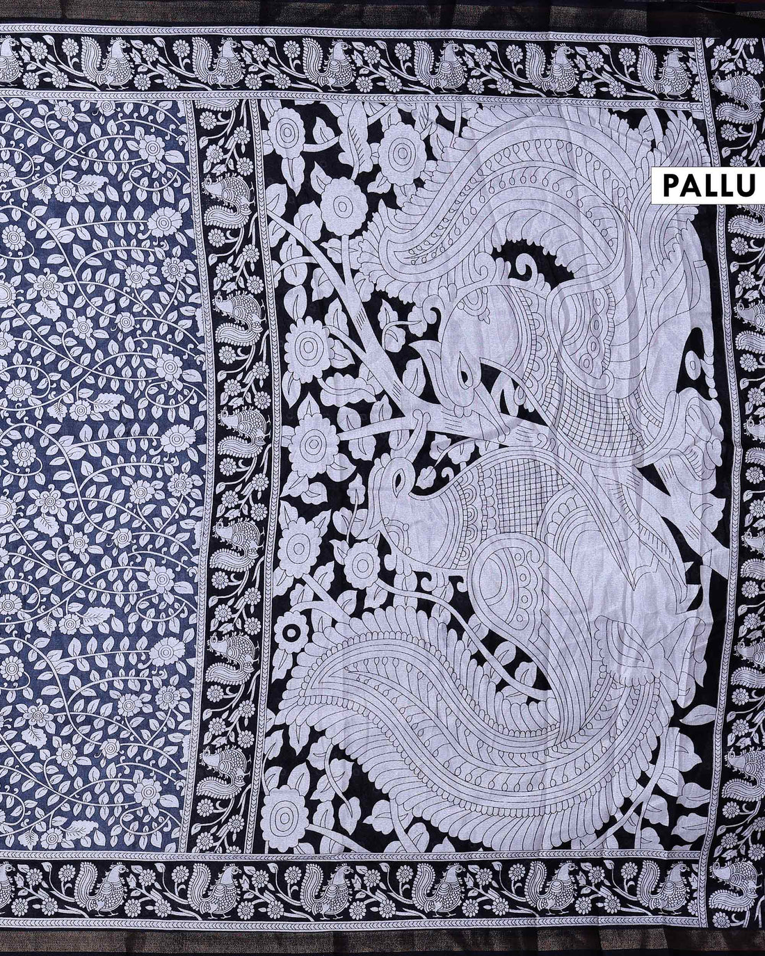 Elegant Semi Chanderi Saree with Traditional Floral & Bird Motifs and Contrast Woven Border - Black