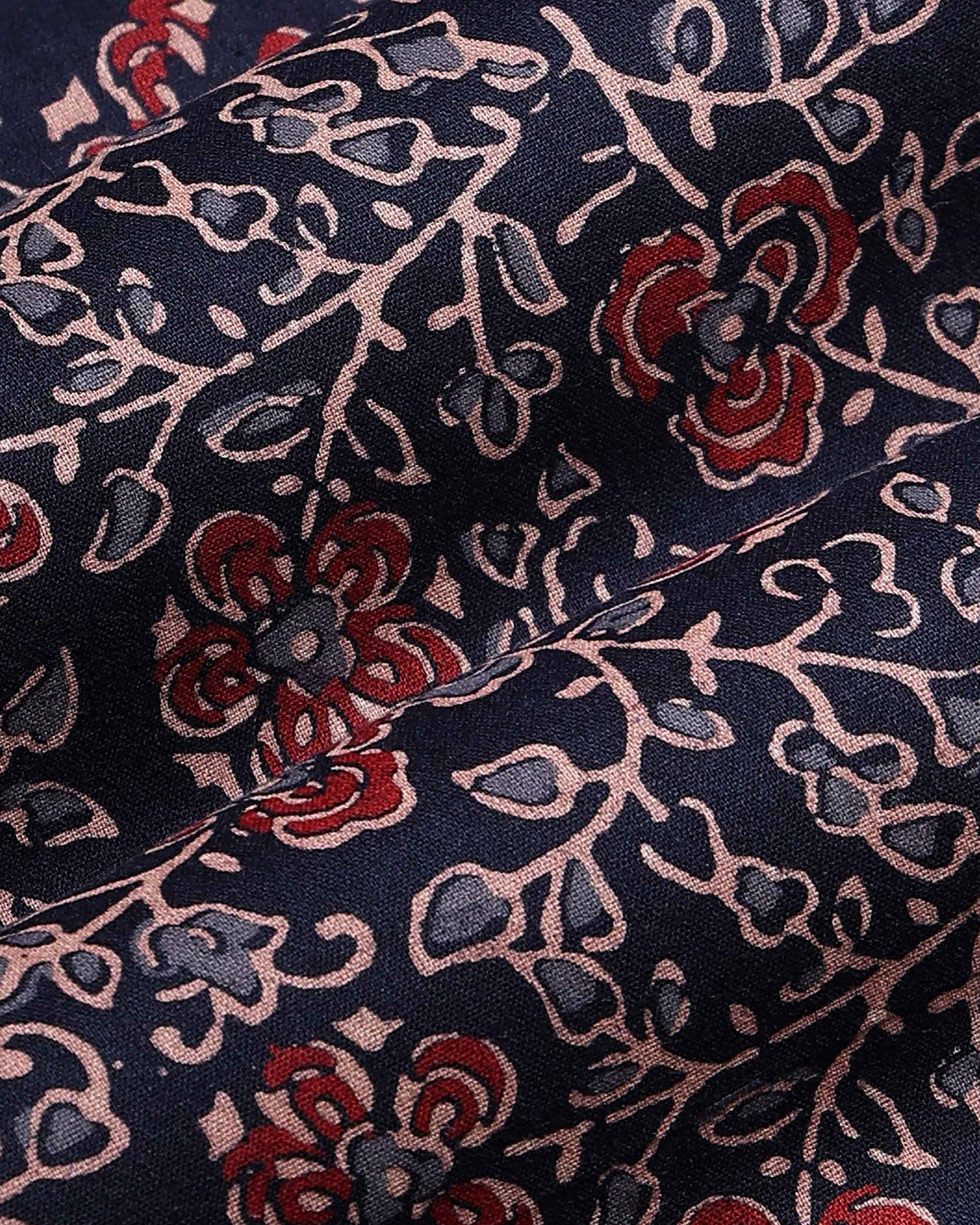 Women’s Handloom Cotton 1 Meter Blouse Material with Traditional Floral Print Motifs - Navy Blue