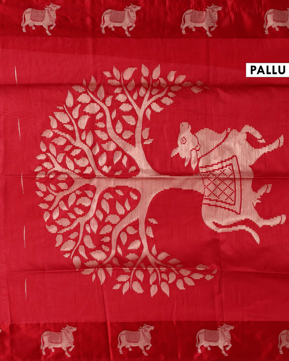Traditional Paithani Inspired Raw Silk Saree with Butti Motifs and Intricate Animal Woven Border  - Red
