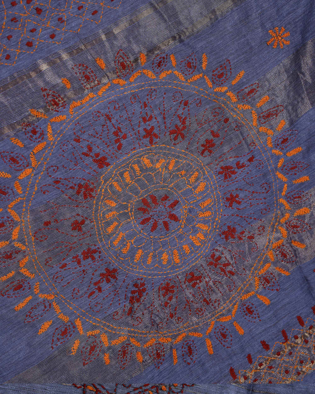 Elegant Kantha Hand Embroidered Saree with Intricate Floral Motif and Contrast Border - Grey