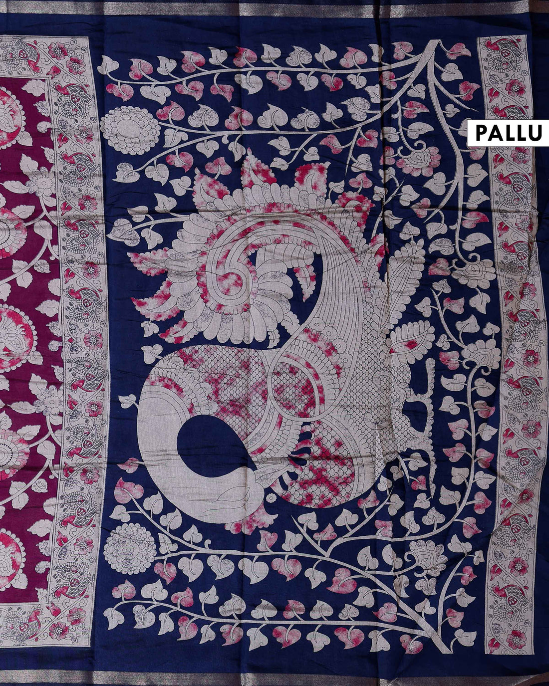 Elegant Traditional Semi Chanderi Kalamkari Saree with Peacock and Floral Motifs with Woven Border - Purple