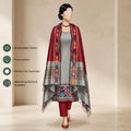 Light Grey Salwar Suit Material With Red Bottom Fabric And Colorful Ikat Dupatta - Front View