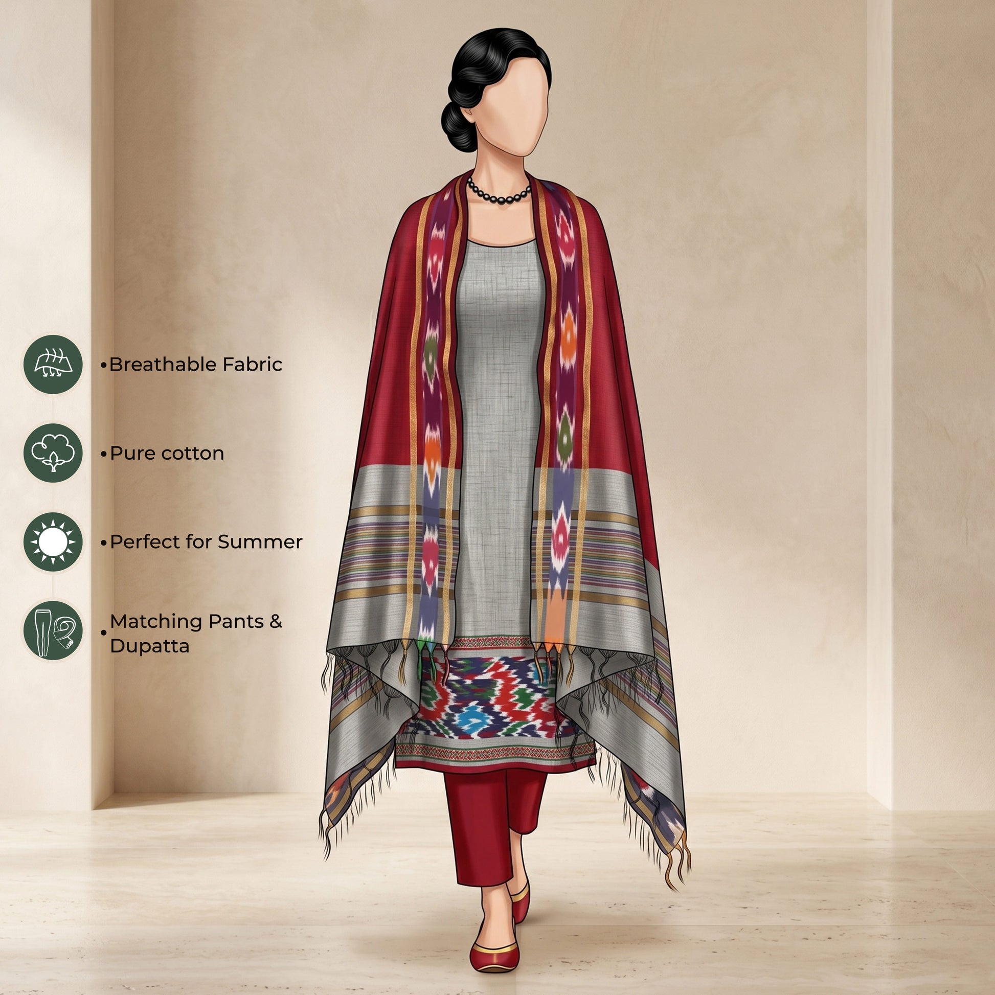 Light Grey Salwar Suit Material With Red Bottom Fabric And Colorful Ikat Dupatta - Front View