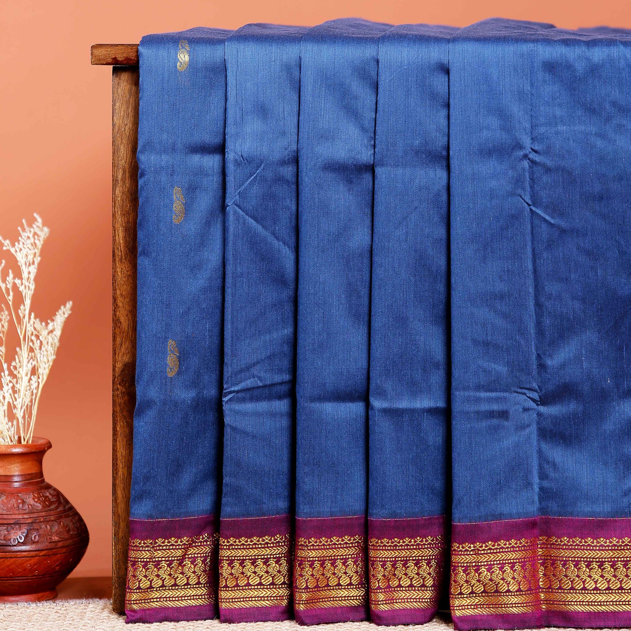 Handloom Kalyani Cotton Saree with Traditional Zari Border and Buttas - Blue