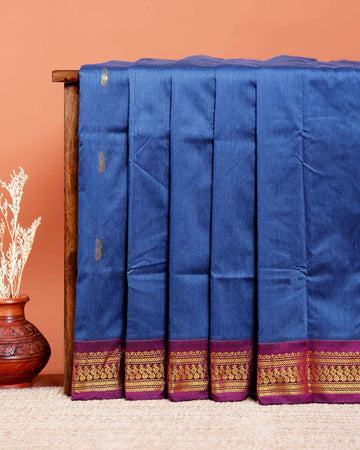 Handloom Kalyani Cotton Saree with Traditional Zari Border and Buttas - Blue