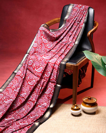 Elegant Semi Chanderi Saree with Paisley Inspired Print and Contrast Zari Border - Red