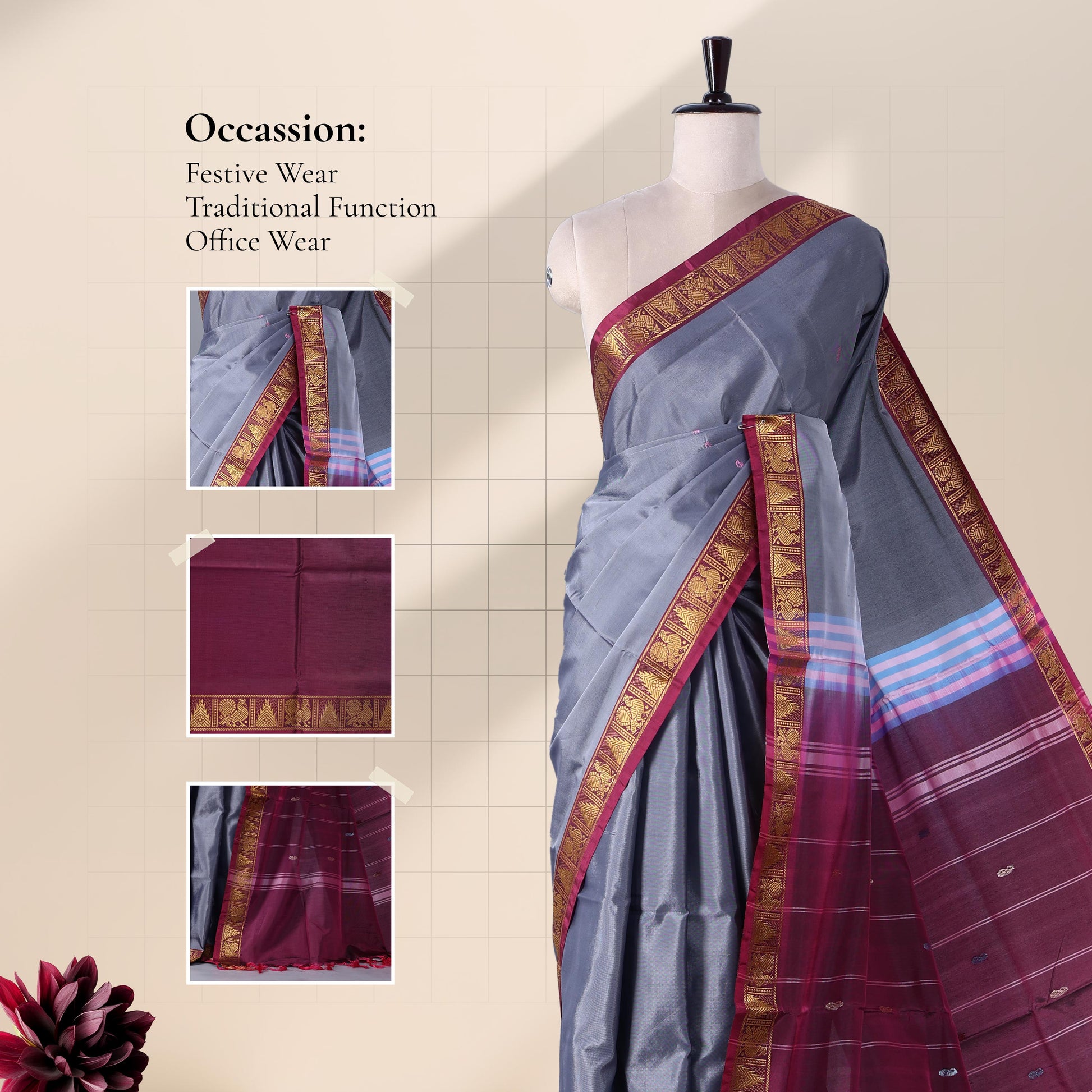 Banana Pith Saree in Charcoal Grey with Maroon Pallu and Intricate Gold Zari Border