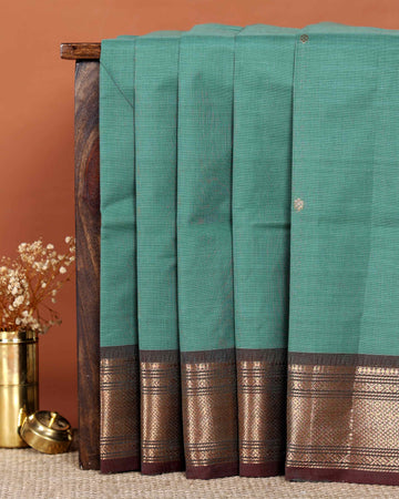 Traditional Handloom Chettinad Cotton Saree with Zari Woven Border and Elegant Small Butta Motifs - Green