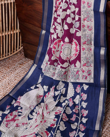 Elegant Traditional Semi Chanderi Kalamkari Saree with Peacock and Floral Motifs with Woven Border - Purple