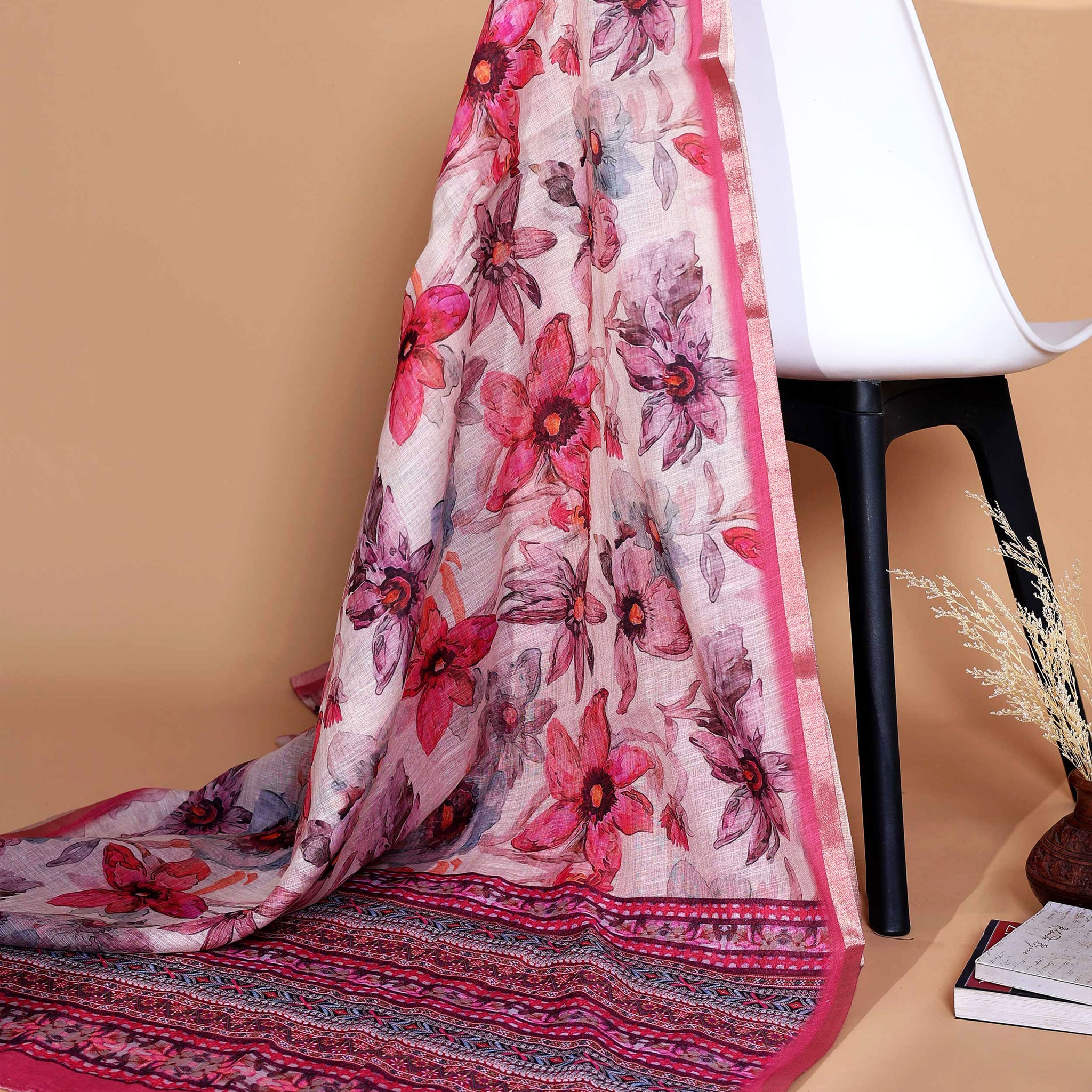 Ethnic Pink Linen saree with Multi-color Paisley and Floral Design