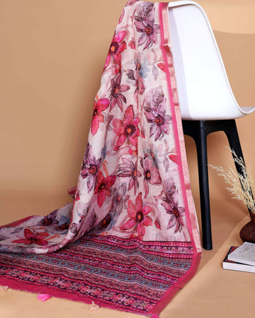 Ethnic Pink Linen saree with Multi-color Paisley and Floral Design