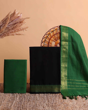 Women's Traditional Cotton Handloom Unstitched Salwar Suit Set Top 2.5m, Pant 2m, Dupatta 2.25m with Woven Zari Border - Dark Green