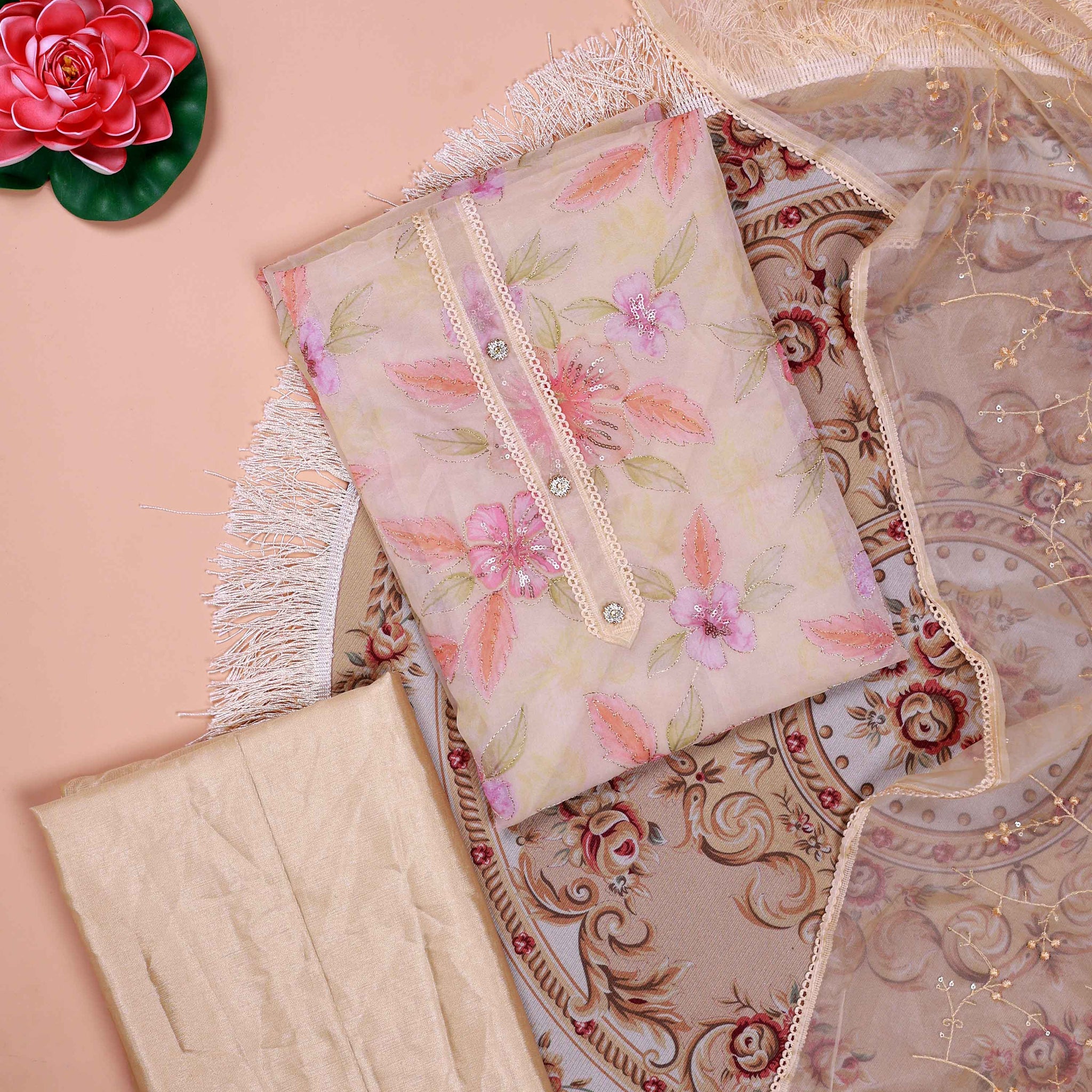 Women's Floral Embroidered Salwar Suit Material with Beaded Neckline and Net Dupatta - Cream