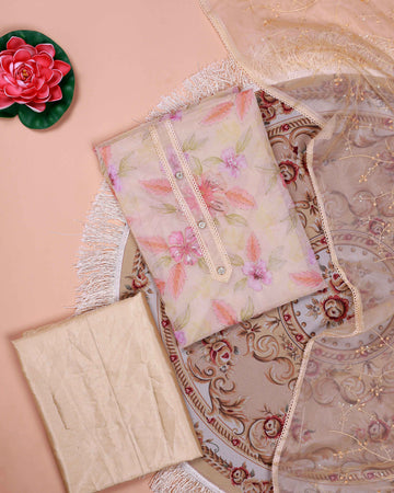Women's Floral Embroidered Salwar Suit Material with Beaded Neckline and Net Dupatta - Cream